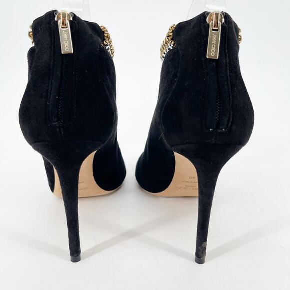 Jimmy Choo Lux 100 Black Suede Gold Crystal Ankle Strap Vamp Booties size IT 40 - Picture 7 of 11
